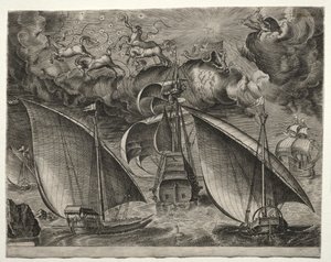 Sailing Vessels: Two Galleys Sailing Behind an Armed Three-Master with Phaeton and Jupiter in the Sky by after Pieter Bruegel