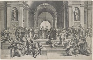 The School of Athens. Pub. 1550 by after Raphael