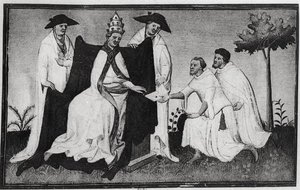 Matteo Polo and Nicolo Polo (d.1299) taking leave of Pope Gregory X (1210-76) from the Livre des Merveilles du Monde by and workshop Boucicaut Master