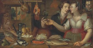 A Kitchen Interior with a Maid and a Young Man by anonymous 
