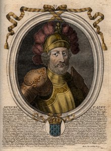 Portrait of Hugues I Capet (ca. 941 - 996), Duke of France then King of France. Engraving from 