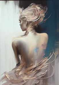 A clothed woman sitting viewed from behind, silhouette painting