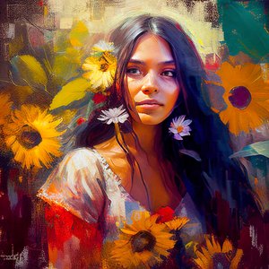 Beautiful Mexican Woman Surrounded by Sunflowers