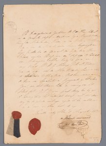 Piece of cloth from the uniform coat of J.C.J. van Speyk with attached provenance certificates by jonkheer H. E. de Boer