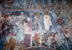 Christ and saints, fresco in Byzantine church of Sotiras Christos, Vlithias, Crete, Greece by Theodore Charles Ange Coquelin