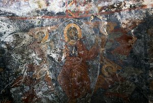 Christ with Angels and saint, fresco in church of Panagia, Kitiros, Crete, Greece by Theodore Charles Ange Coquelin