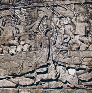 Naval battle between Cham and Khmer, detail of a bas-relief of Bayon Temple, Angkor Thom, Angkor archaeological site