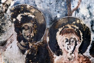 Saints, damaged fresco in church of Agios Vasileios, Vavouledo, Crete, Greece by Theodore Charles Ange Coquelin