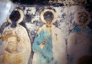 Figures of saints, fresco in monastery of Taxiarhis Mihail Roukouniotis, Panormitis, Symi island, Greece