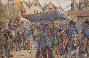 Crowds on the streets of Paris greeting Louis XI as he arrives from Burgundy to claim his kingdom after the death of his father, Charles VII by pseudonym for Onfray de Breville Jacques Job