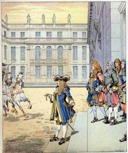 I almost waited! the words of the king of France Louis XIV said King Soleil (1638-1715) spoken in front of the castle of Versailles as his carriages arrived at the precise time. Illustration of Job (Jacques Onfray de Breville)