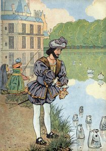 Scene of the history of France in toys: the King of France Francois I gives bread to the fish of the park of Fontainebleau - In 