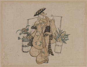 A Beauty Carrying Two Buckets of Flowers by style of Torii Kiyomasu