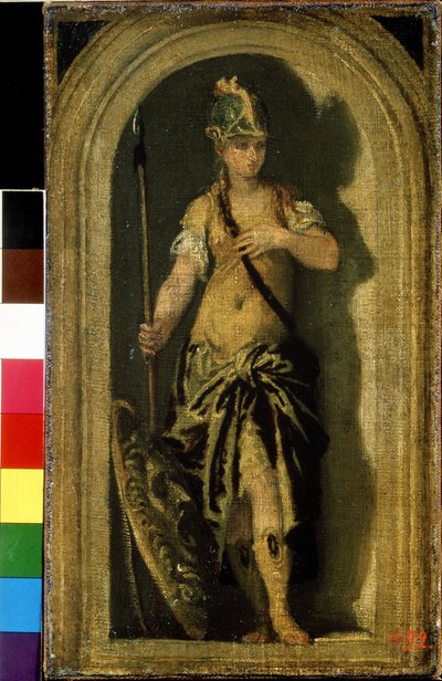 Minerva. Near her, her shield with the head of the Gorgon Medusa. Painting by Paolo Veronese. Venetian art, Italian Renaissance. Pushkin Museum, Moscow by Veronese