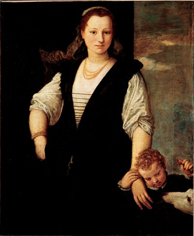 Portrait of a woman with a child and a dog by Veronese