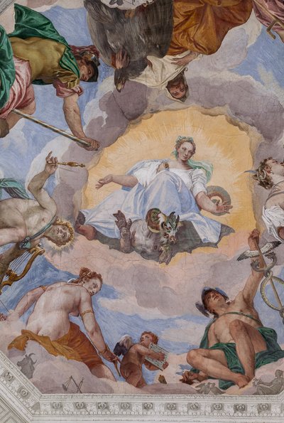 Universal Harmony surrounded by gods: Zeus with an eagle, Mars, Apollo with the lyre, Venus, Mercury with caduceus, Diana with dogs, and Saturn by Veronese