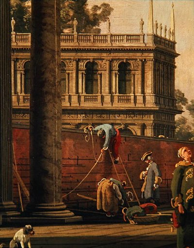 Capriccio of a man scaling a wall by Canaletto