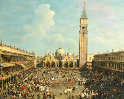 Bullfighting or Bull hunting in Piazza San Marco, by Giovanni Antonio Canal, known as Canaletto and Giovanni Battista Cimaroli by Canaletto