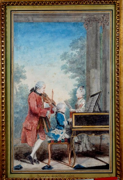Wolfgang Amadeus Mozart as a child playing piano with his father and sister by Carmontelle
