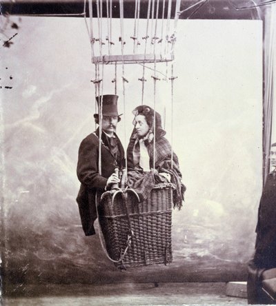 Photographic portrait of photographer and aerostat pilot Felix Tournachon dit Nadar and his wife posing in a balloon basket by Nadar