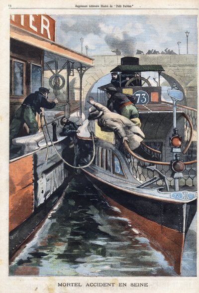 Fatal accident on the Seine: an employee of the company des Bateaux Parisiens dies crashed between two boats near the Charenton bridge. Engraving in Le Petit Parisien on 17/02/1901. by (after) Carrey