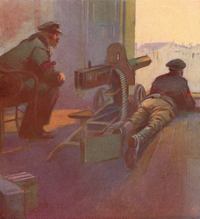 Red Guards with a machine gun pointing out of the window of a building, Russian Revolution by (after) Carrey