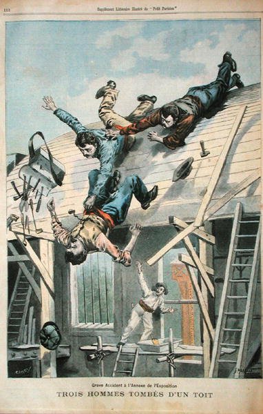 Three men falling from a roof, from 