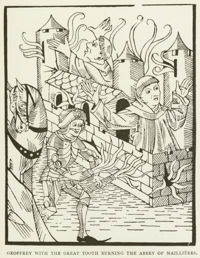 Geoffrey with the great tooth burning the Abbey of Maillieres (engraving) by (after) English School