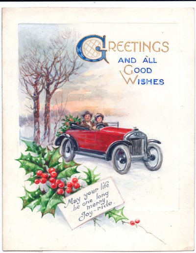 Original Artwork for a Christmas Card of a Red Car and Holly, Circa 1951 by (after) English School