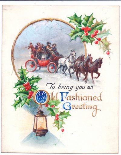 Original Artwork for a Christmas Card of a Stagecoach, Lantern and Holly, Circa 1952 by (after) English School