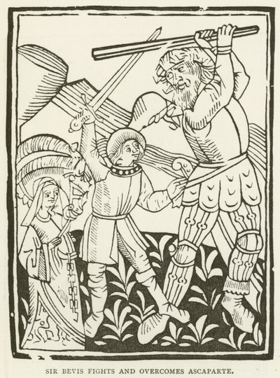 Sir Bevis fights and overcomes Ascaparte (engraving) by (after) English School