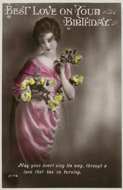 Girl dressed in kimono-like dress with flowers by (after) English photographer