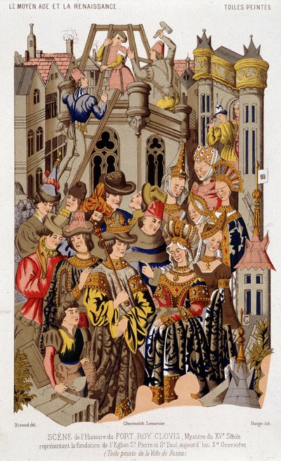 Scene of the history of Fort Roy de Clovis. Mystery of the 15th century representing the foundation of the Church of St. Peter and St. Paul, today Saint Genevieve. Painted canvas of the city of Reims. by (after) French School