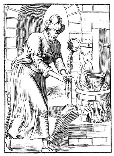 The gipsy who washed his hands in molten lead, after a woodcut in 
