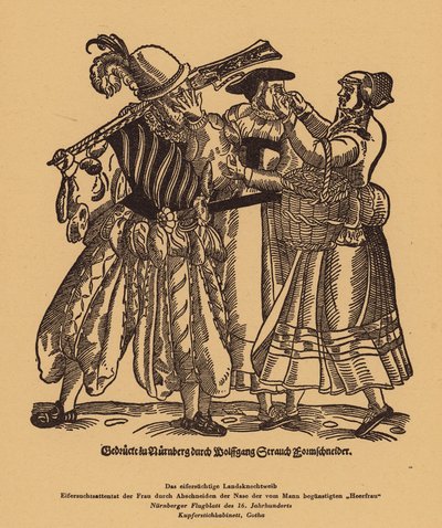 Jealous woman cutting off the nose of a rival for the affections of a Landsknecht (engraving) by (after) German School