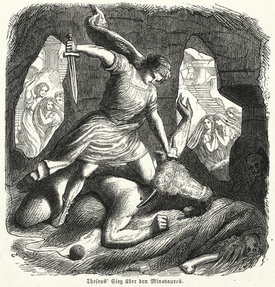 Theseus slaying the Minotaur (engraving) by (after) German School