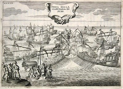 Galleons and Galeasses battling: capture of the Captain of the Island of Chios, illustration from 