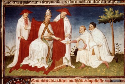 Brothers Nicolo and Matteo Polo, uncle and father of Marco Polo (1254-1324) handed to Pope Gregoire X a letter from Qubilai (Kubilai Khan, first emperor of the Mongolian Yuan dynasty (1215-1294). Miniature taken from The Book of Wonders by (and workshop) Boucicaut Master