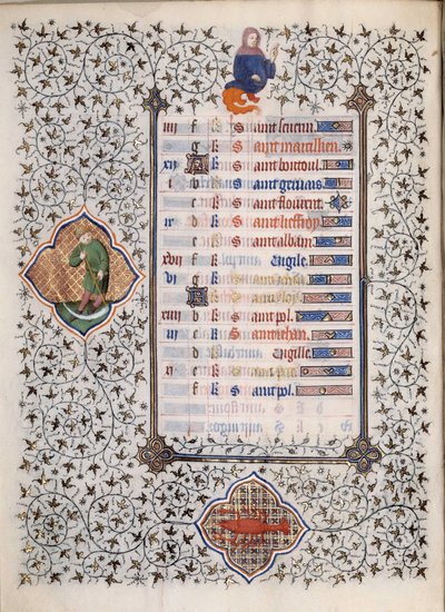 Page of the manuscript Les Tres Riches Hours du Duke Francois de Guise: Cancer and a man with a sickle by (and workshop) Boucicaut Master