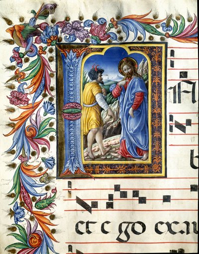 Decorated initial depicting the temptation of Christ. Miniature by Liberale da Verona (1445-1529) from a choir book (Cod. 20/5. c.45v) from the cathedral of Siena by (c.1445 1527) Liberale da Verona