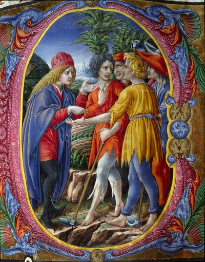 Decorated letter representing the parable of murderous winemakers (The Parable of the Tenants) by (c.1445 1527) Liberale da Verona
