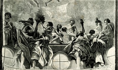 Assumption of Virgin, (detail) from fresco by Correggio, dome of Parma Cathedral, woodcut from Le cento citta d