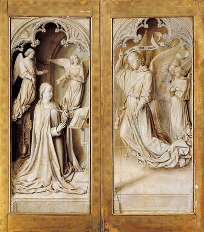 Annunciation in grisaille, exterior wings of triptych altarpiece by (fl.c.1483 c.1529) Master of Moulins