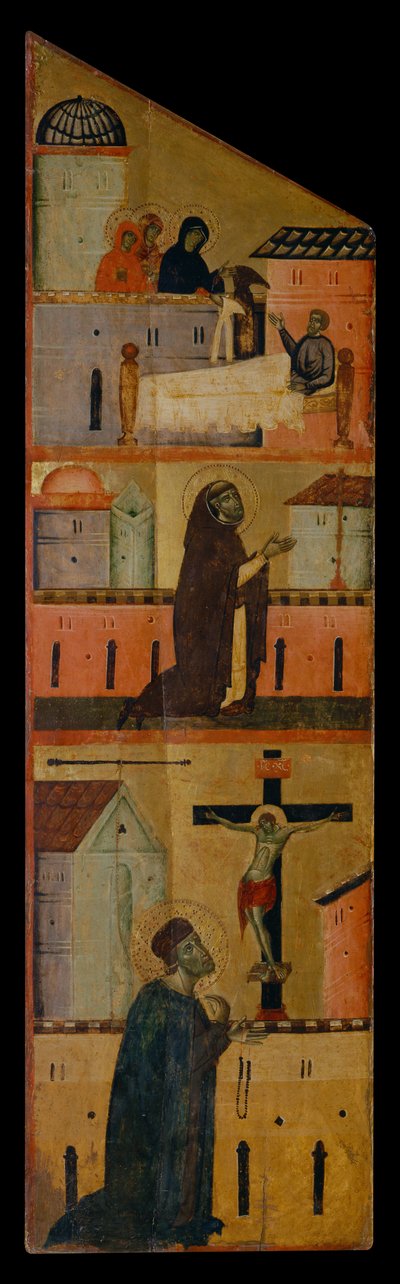 Diptych of Blessed Andrea Gallerani: The holy women appear to St. Reginald, Dominic prays for the healing of St. Reginald and Gallerani prays before the cross (inside left panel) by (workshop of) Guido da Siena