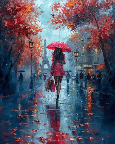 Elegant Lady with Umbrella Walking Down a Paris Street by F. Abderrahim