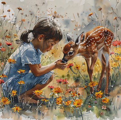 Girl feeding a baby deer, spotted roe deer by F. Abderrahim