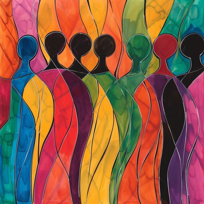 Crowd of People in a Multi-Colored Artwork by F. Abderrahim