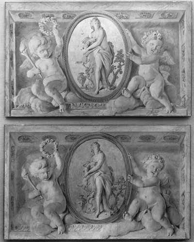 Pair of Overdoors with Diana or a Nymph in an Oval Medallion Supported by Amorini by 18th century . French Painter