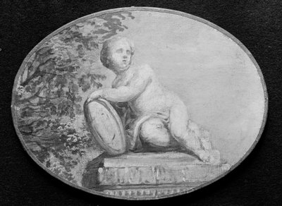 Putto on a Pedestal Against Background of Verdure by 18th century . French Painter