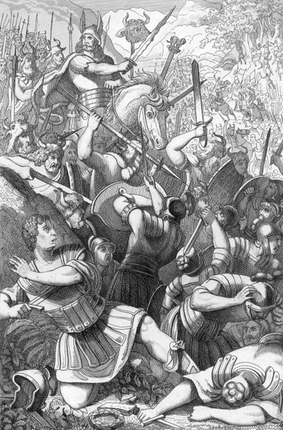 Cheruscan chief Arminius at the Battle of Teutoburg opposing the Romans against the Germans in 9 AD by 19th Century Polish School
